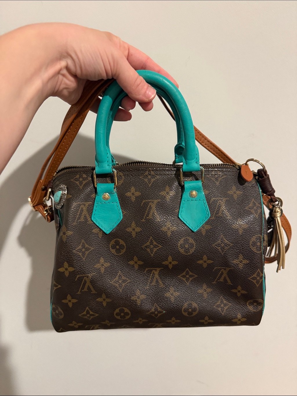 Boho Louis Vuitton Speedy25with Custom Painted Teal Handles And Tan Strap
